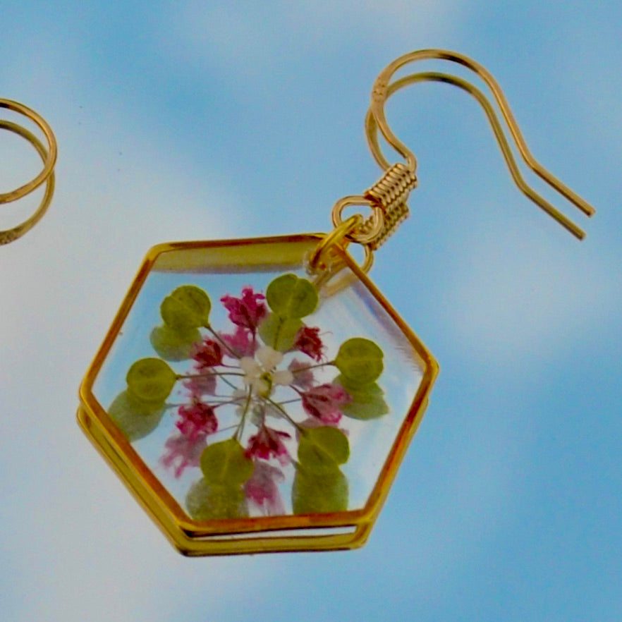 Hexagon Floral Dangle Earrings