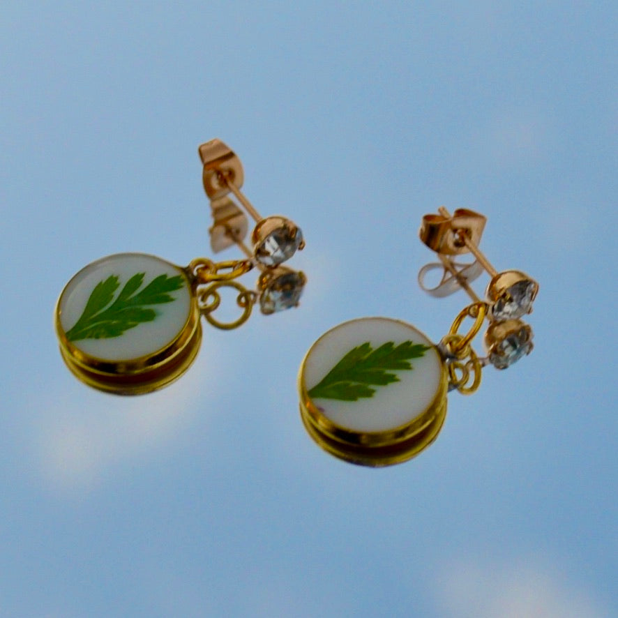 Circle Green Leaf Stud Dangle Earrings