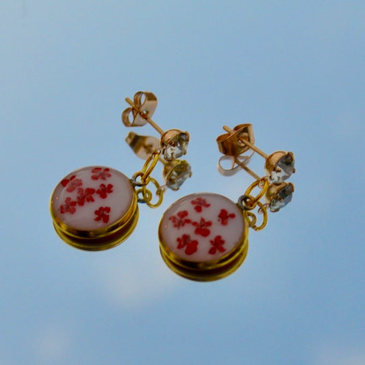 Circle Red Queen Anne's Lace Flower Diamond Stud Dangle Earrings