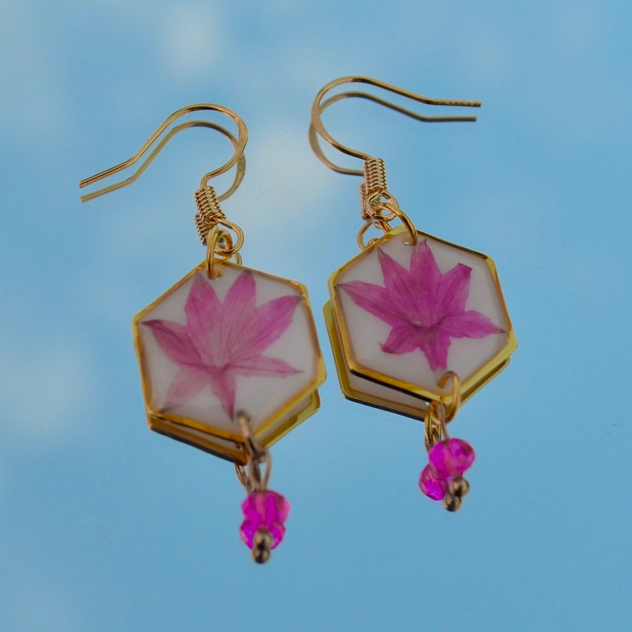 Hexagon Pink Fan Flower Dangle Earrings