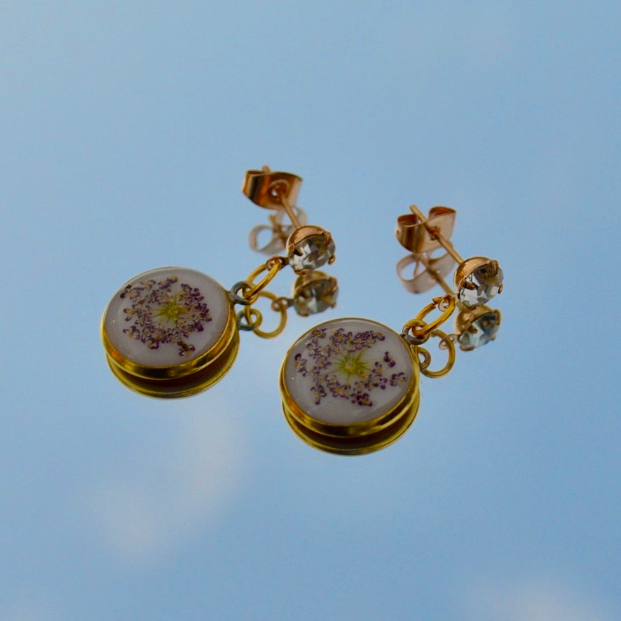 Circle Purple Queen Anne's Lace Flower Diamond Stud Dangle Earrings