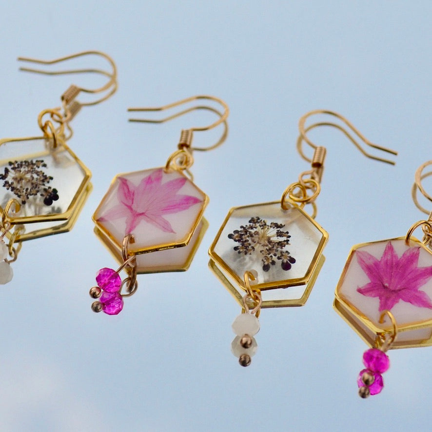Hexagon Purple Queen Anne's Lace Flower Dangle Earrings
