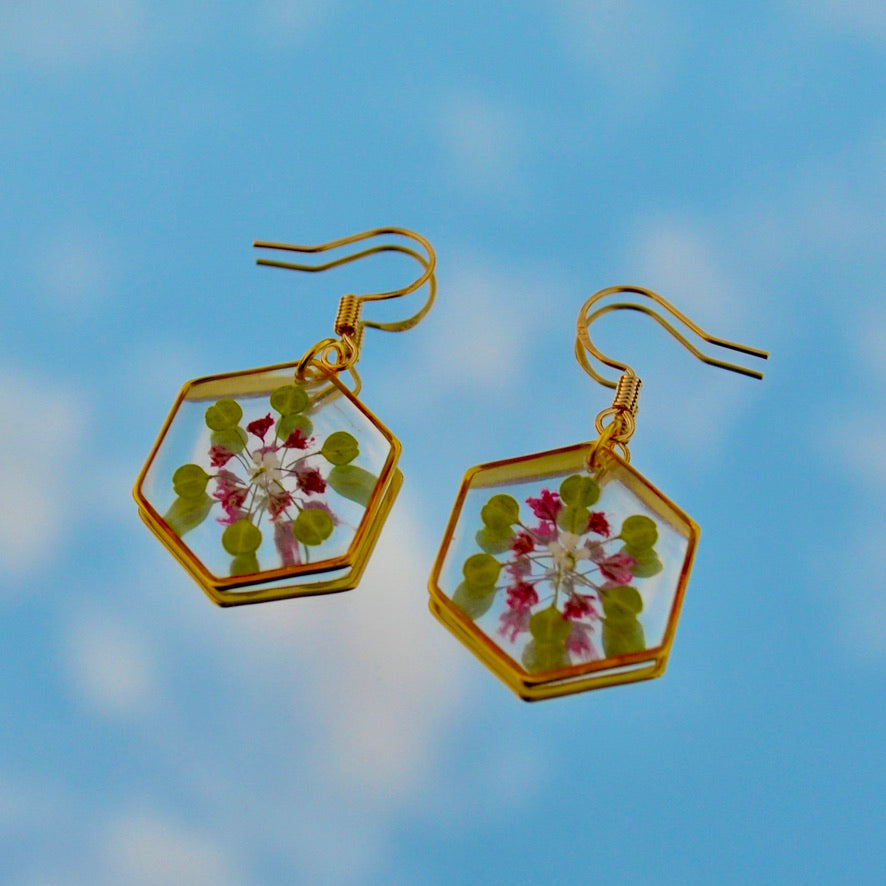 Hexagon Floral Dangle Earrings