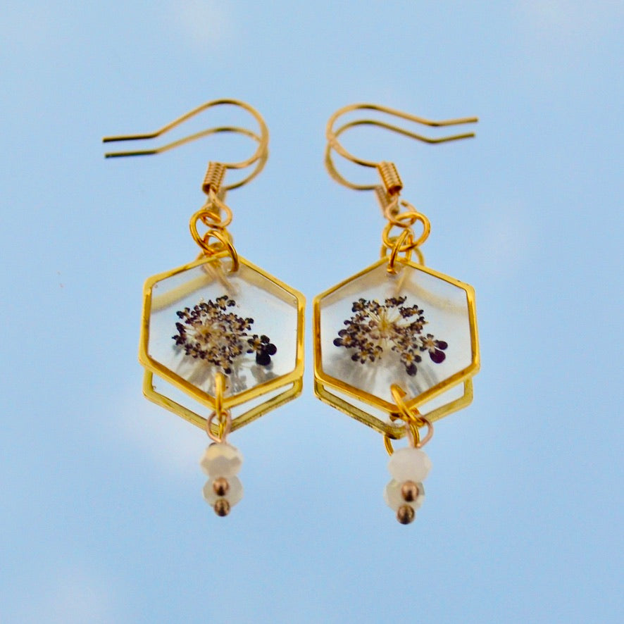 Hexagon Purple Queen Anne's Lace Flower Dangle Earrings