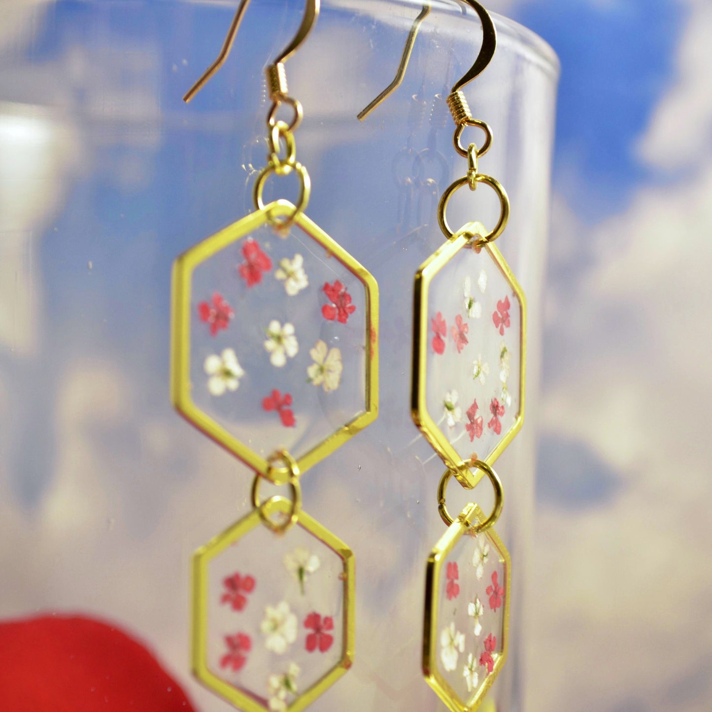 Hexagon Red White Flower Dangle Earrings